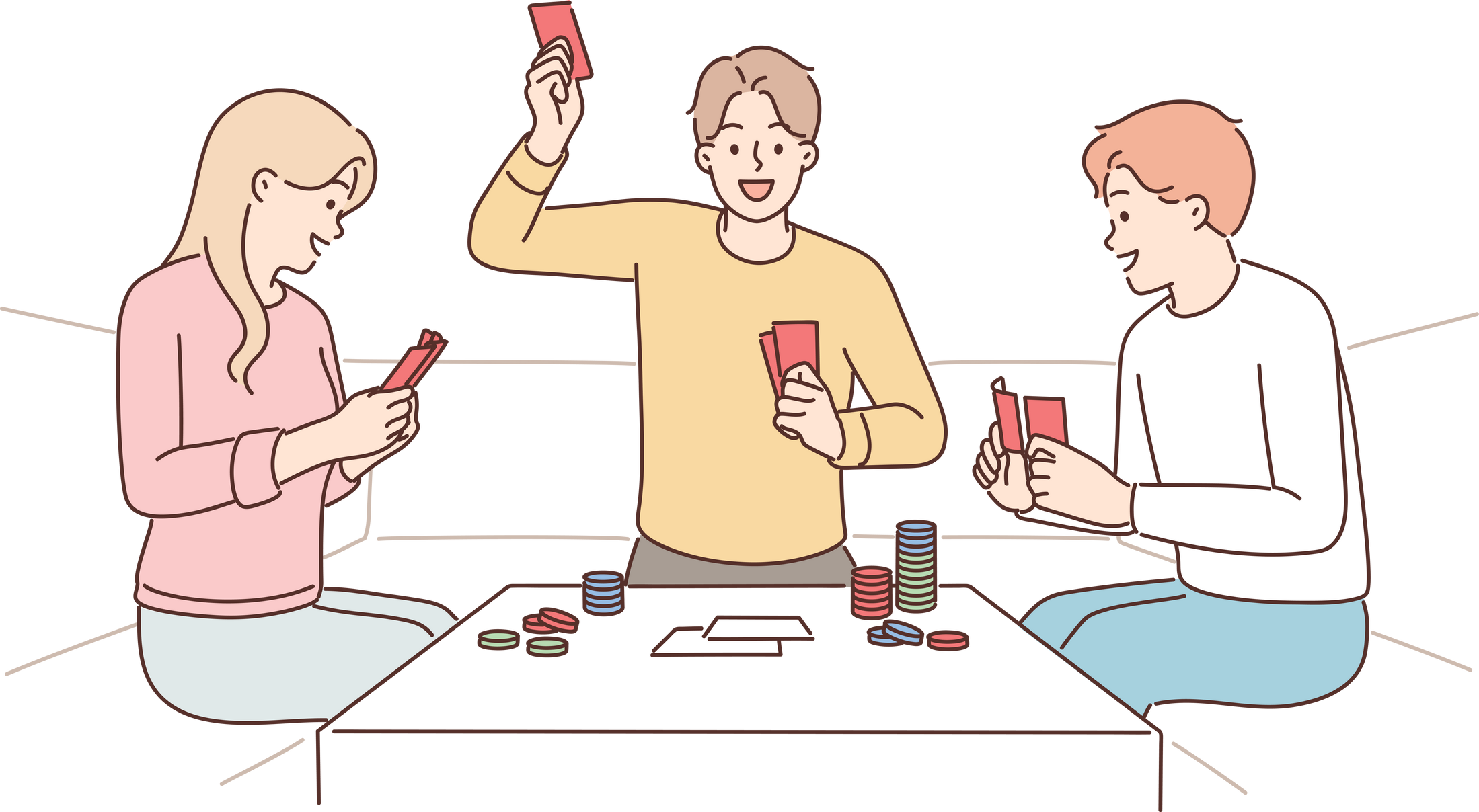 Group of friends playing poker sitting at table with chips enjoy gambling and relaxing together